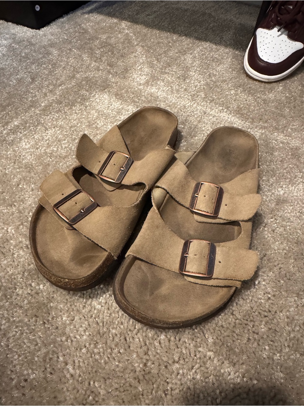 Women’s Double-Buckle Suede Sandals in Tan
